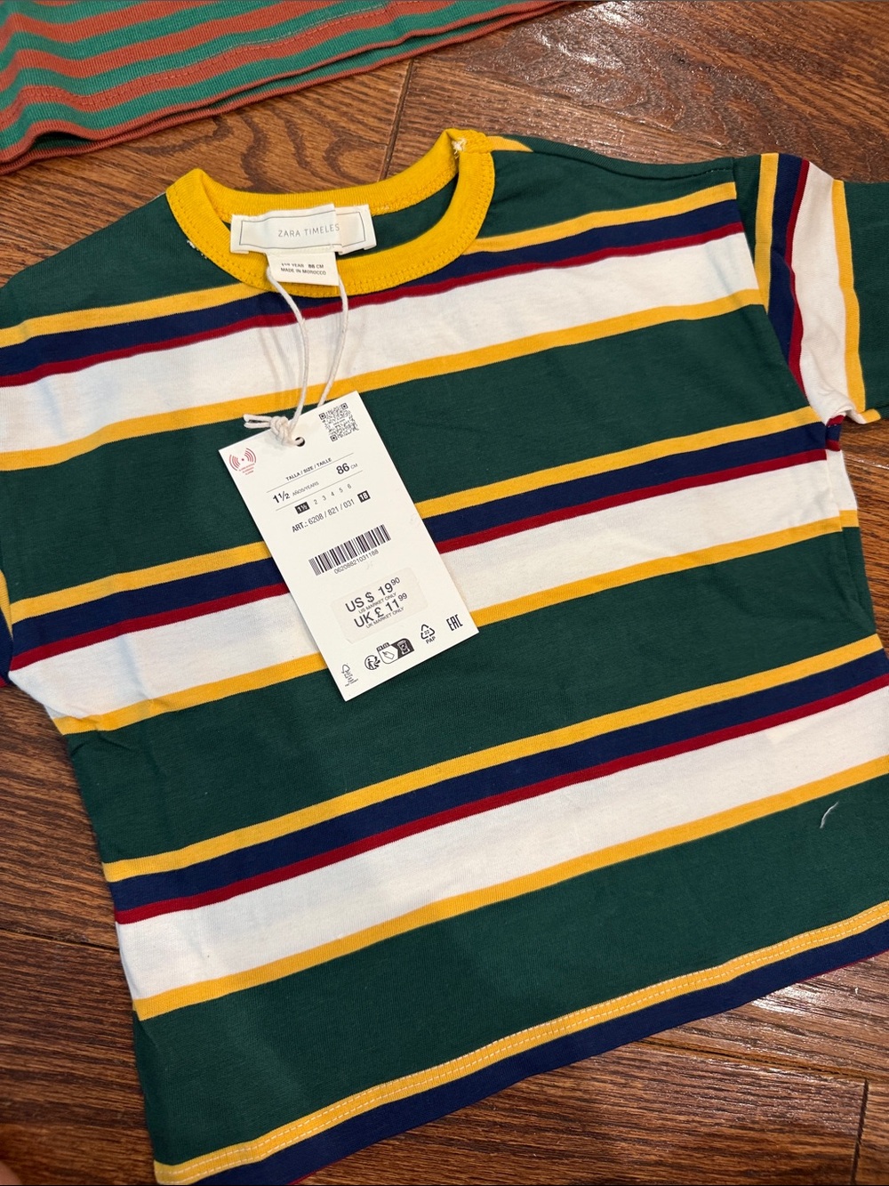 Zara Kids Green, White & Yellow Striped Short Sleeve Tee